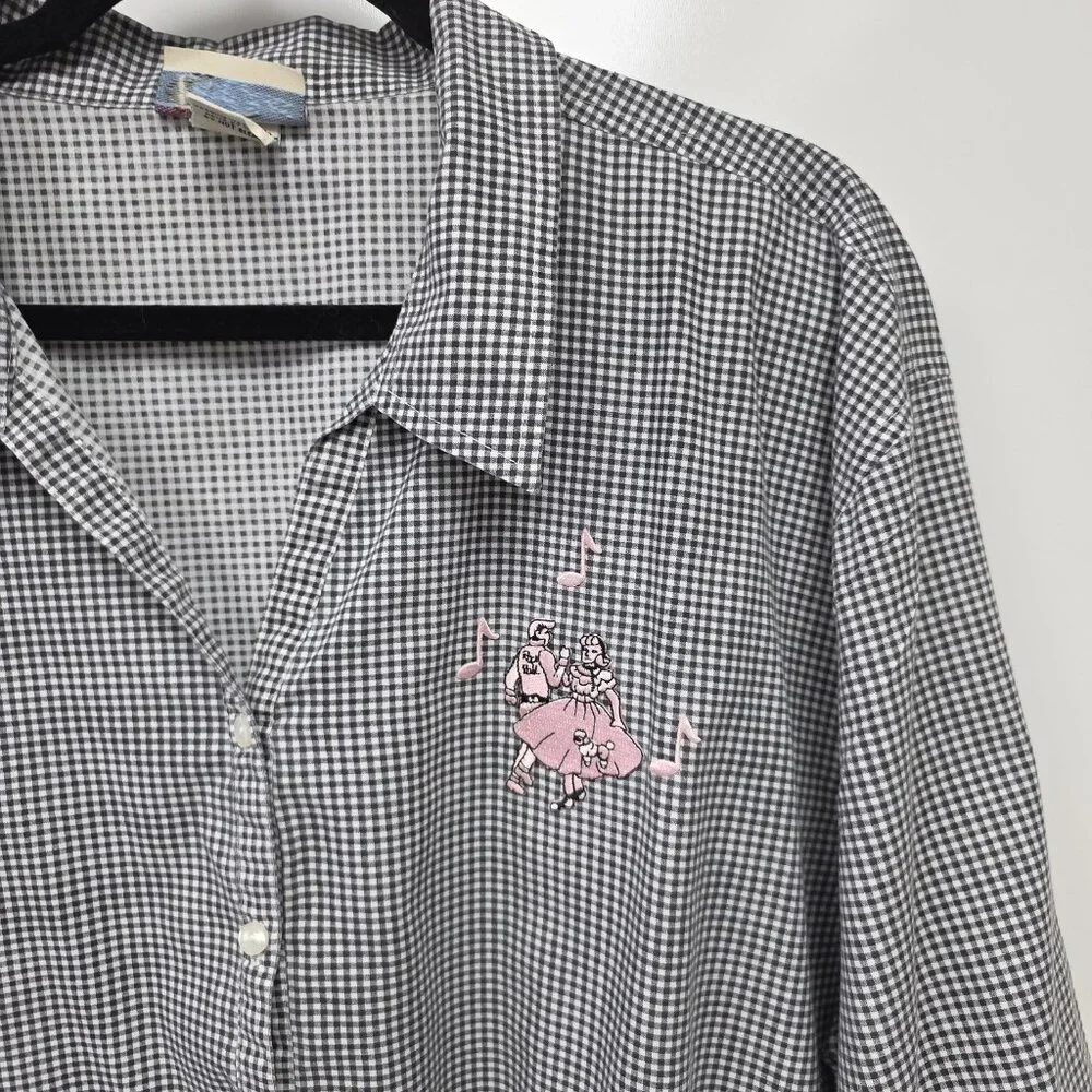 Las Olas Shirt Womens 1X Black Check Button 50s Rock Car Dancers Embroidered Top - Picture 2 of 10
